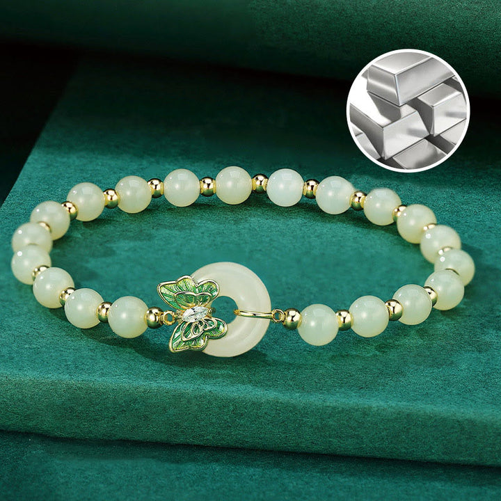 Pulsera con colgante de plata de ley 925 con Buddha Stones , jade hetiano natural, hebilla de la paz, mariposa, circonita, suerte