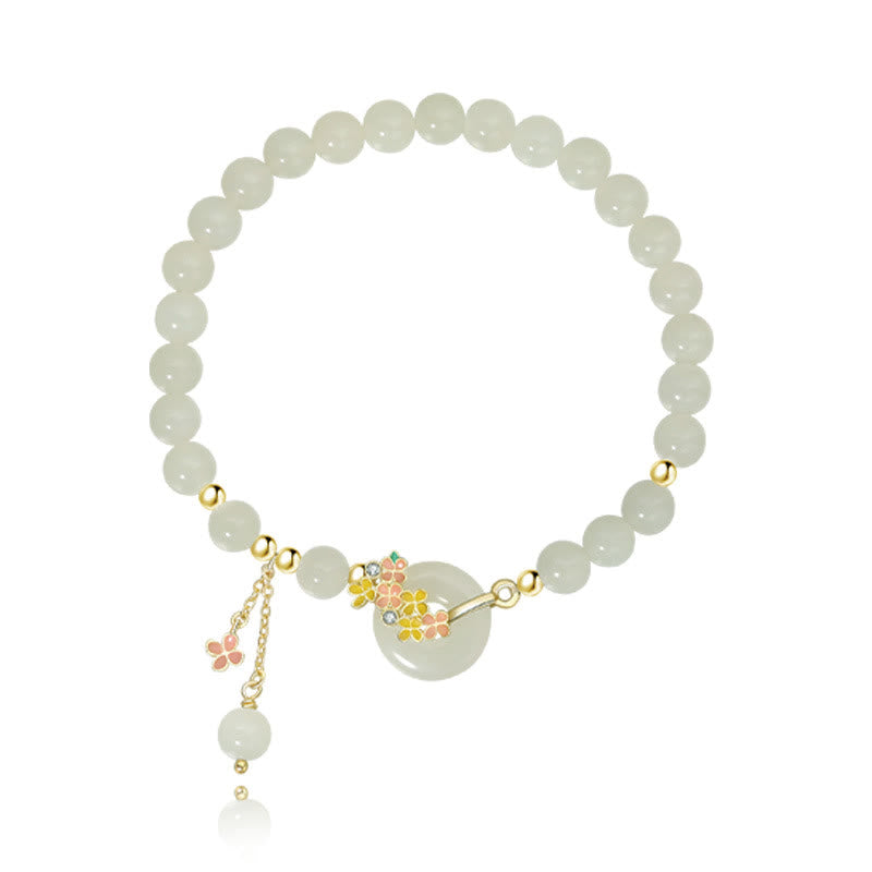 Pulsera con colgante de plata de ley 925 con Buddha Stones , jade hetiano natural, flores de osmanthus, hebilla de la paz, circonita de la suerte