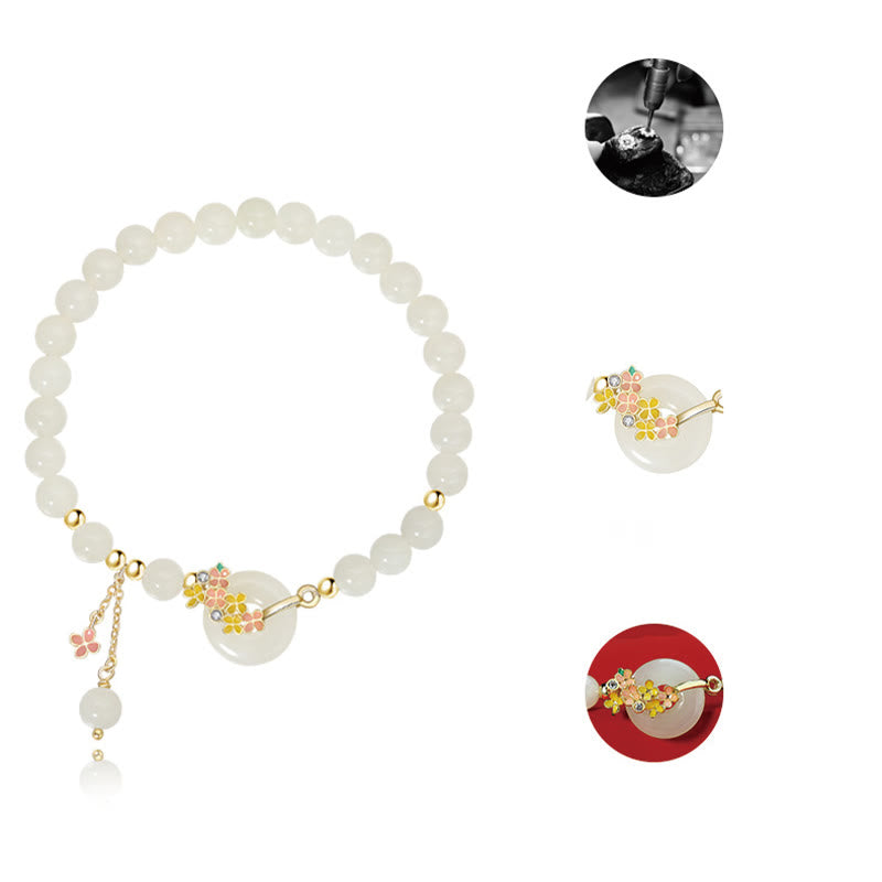 Pulsera con colgante de plata de ley 925 con Buddha Stones , jade hetiano natural, flores de osmanthus, hebilla de la paz, circonita de la suerte