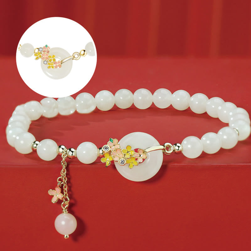 Pulsera con colgante de plata de ley 925 con Buddha Stones , jade hetiano natural, flores de osmanthus, hebilla de la paz, circonita de la suerte