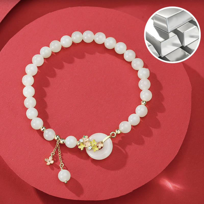 Pulsera con colgante de plata de ley 925 con Buddha Stones , jade hetiano natural, flores de osmanthus, hebilla de la paz, circonita de la suerte