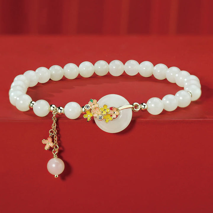 Pulsera con colgante de plata de ley 925 con Buddha Stones , jade hetiano natural, flores de osmanthus, hebilla de la paz, circonita de la suerte