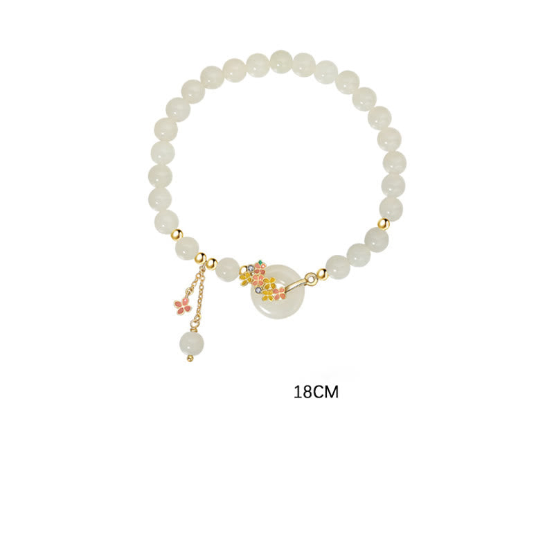 Pulsera con colgante de plata de ley 925 con Buddha Stones , jade hetiano natural, flores de osmanthus, hebilla de la paz, circonita de la suerte