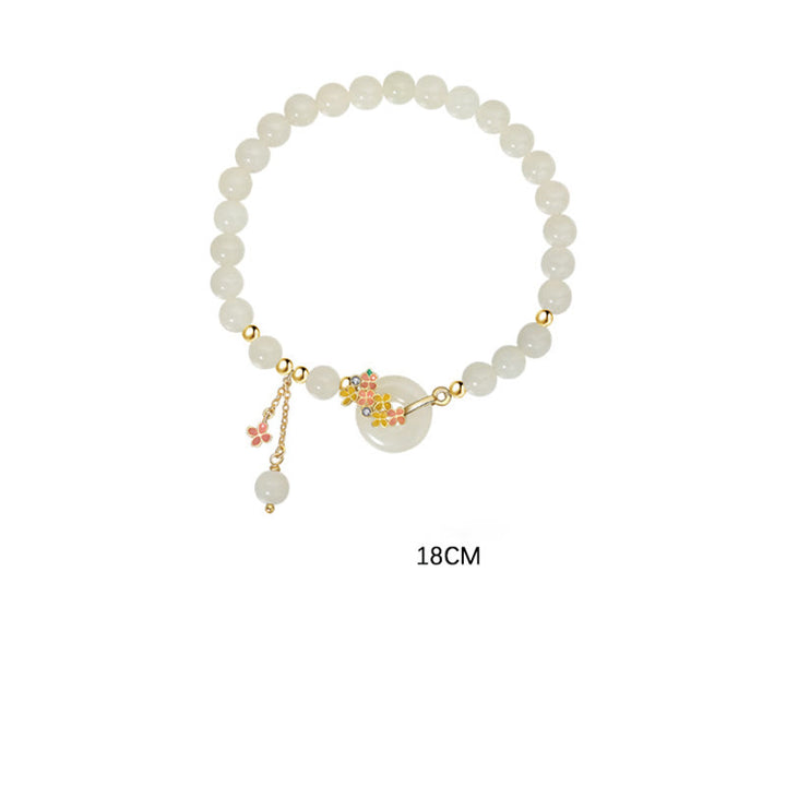Pulsera con colgante de plata de ley 925 con Buddha Stones , jade hetiano natural, flores de osmanthus, hebilla de la paz, circonita de la suerte