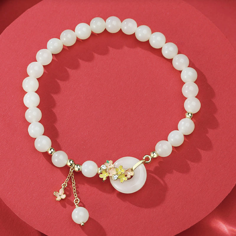 Pulsera con colgante de plata de ley 925 con Buddha Stones , jade hetiano natural, flores de osmanthus, hebilla de la paz, circonita de la suerte