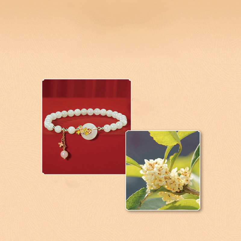 Pulsera con colgante de plata de ley 925 con Buddha Stones , jade hetiano natural, flores de osmanthus, hebilla de la paz, circonita de la suerte