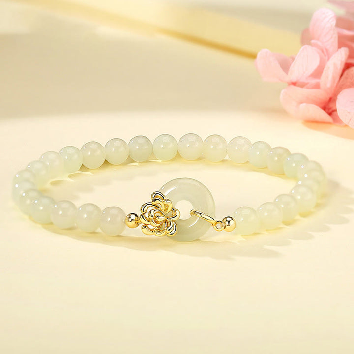Pulsera de prosperidad con hebilla de paz y crisantemo otoñal de jade hetiano natural y plata de ley 925 con Buddha Stones