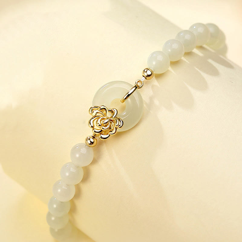 Pulsera de prosperidad con hebilla de paz y crisantemo otoñal de jade hetiano natural y plata de ley 925 con Buddha Stones