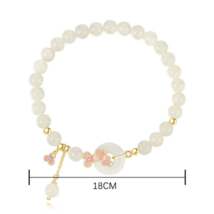 Pulsera con colgante de plata de ley 925 con Buddha Stones , jade hetiano natural, flor de melocotón, hebilla de la paz, circón, suerte