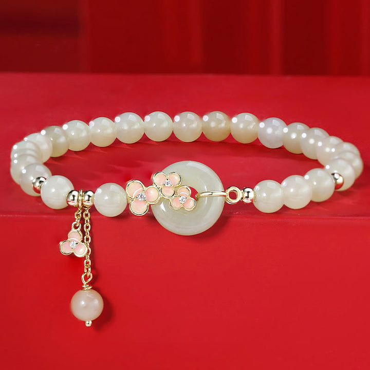 Pulsera con colgante de plata de ley 925 con Buddha Stones , jade hetiano natural, flor de melocotón, hebilla de la paz, circón, suerte