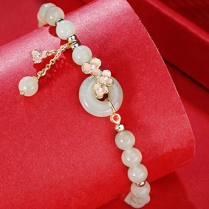 Pulsera con colgante de plata de ley 925 con Buddha Stones , jade hetiano natural, flor de melocotón, hebilla de la paz, circón, suerte
