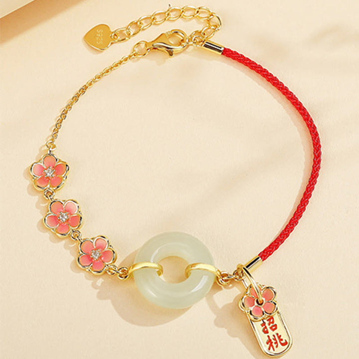Pulsera con colgante de plata de ley 925 con Buddha Stones , jade hetiano natural, flor de melocotón, hebilla de la paz, circón, suerte