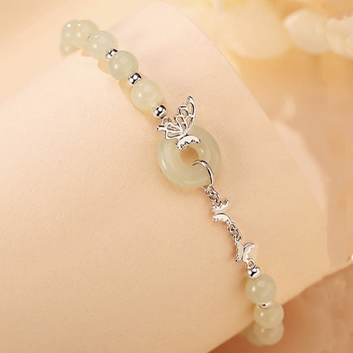 Pulsera con colgante de plata de ley 925 con Buddha Stones y jade hetiano natural, hebilla de la paz, mariposa, suerte y prosperidad