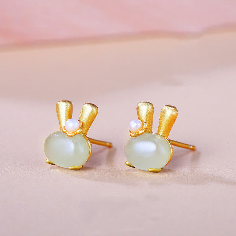Buddha Stones Pendientes de plata de ley 925 con forma de conejo y perlas naturales de jade hetiano