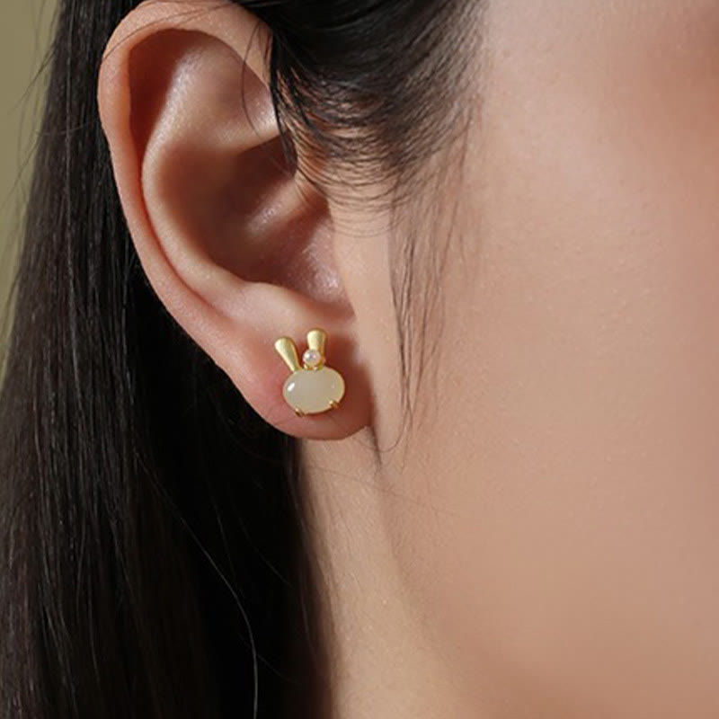 Buddha Stones Pendientes de plata de ley 925 con forma de conejo y perlas naturales de jade hetiano
