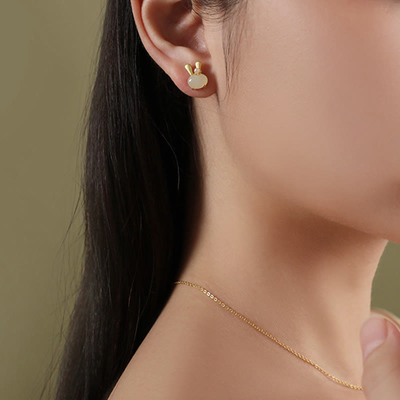 Buddha Stones Pendientes de plata de ley 925 con forma de conejo y perlas naturales de jade hetiano