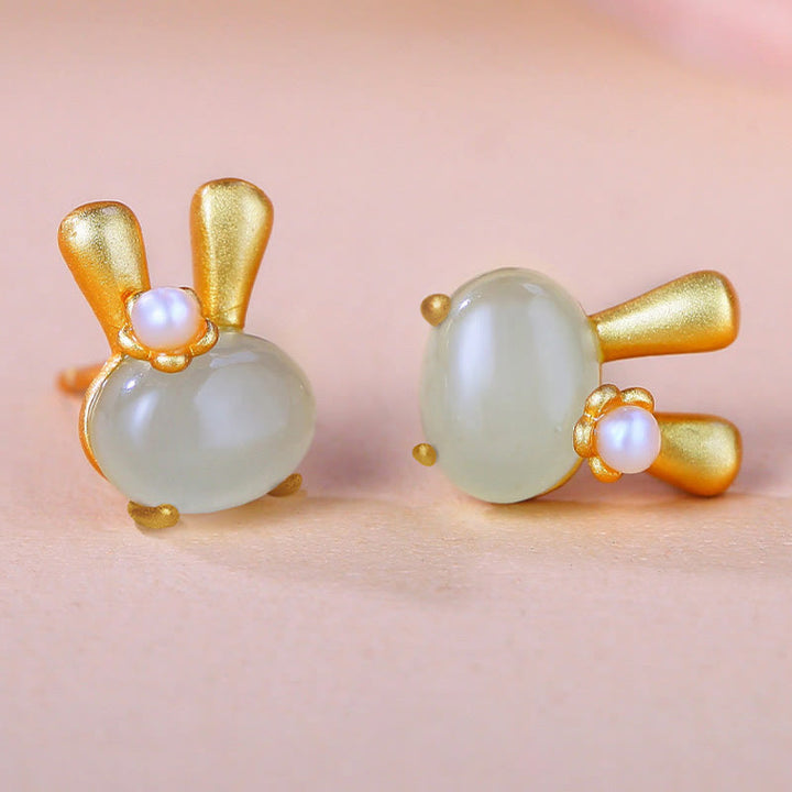 Buddha Stones Pendientes de plata de ley 925 con forma de conejo y perlas naturales de jade hetiano