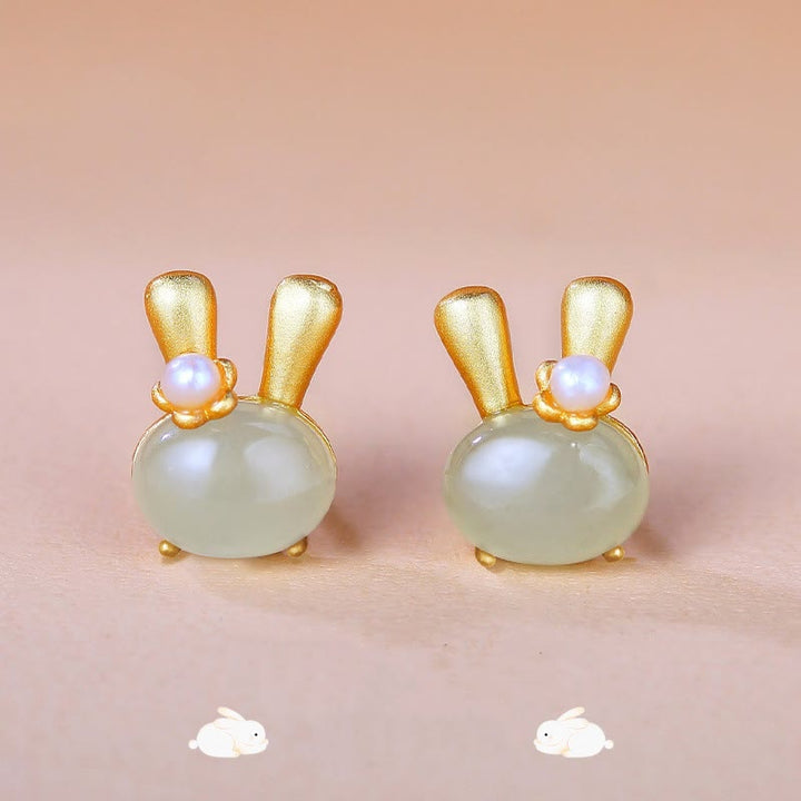 Buddha Stones Pendientes de plata de ley 925 con forma de conejo y perlas naturales de jade hetiano