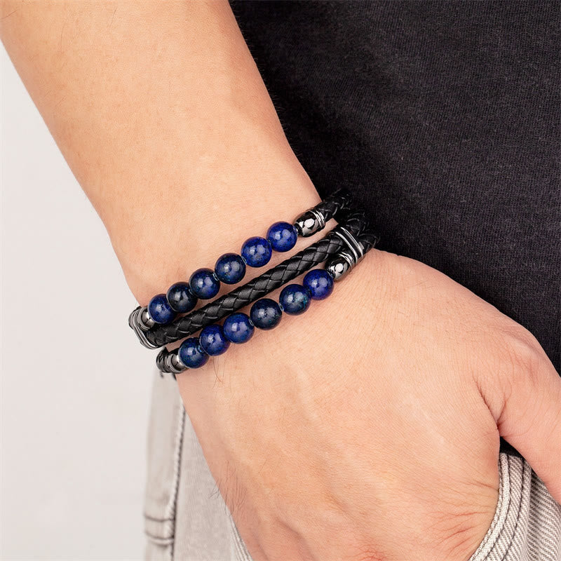 Pulsera de cuero con cuentas de lazurita, ónix negro, piedra de lava, ojo de tigre y hematita de Buddha Stones