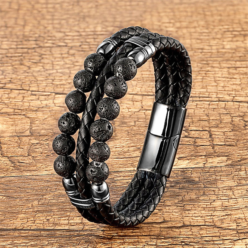 Pulsera de cuero con cuentas de lazurita, ónix negro, piedra de lava, ojo de tigre y hematita de Buddha Stones