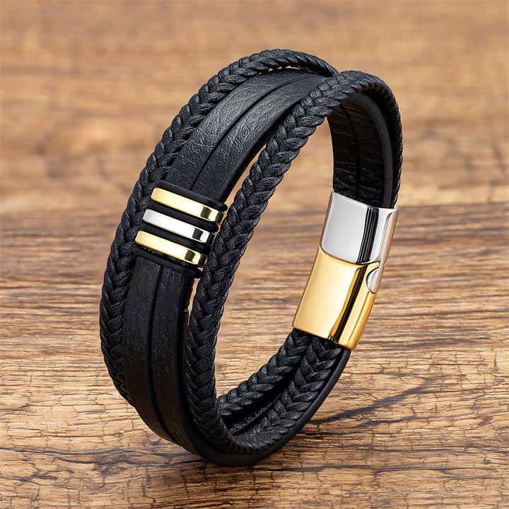 Pulsera de cuero trenzado con hebilla de acero y titanio hecha a mano con Buddha Stones