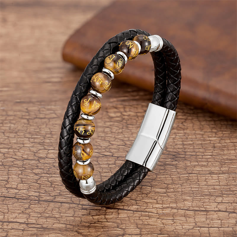 Pulsera de cuero con Buddha Stones, ónix negro, turquesa, ojo de tigre, ágata roja, Om Mani Padme Hum