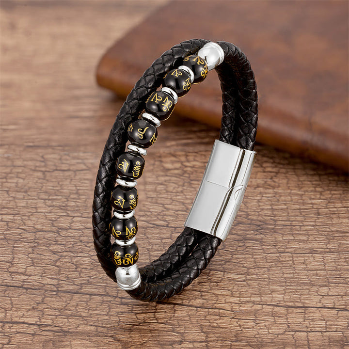 Pulsera de cuero con Buddha Stones, ónix negro, turquesa, ojo de tigre, ágata roja, Om Mani Padme Hum