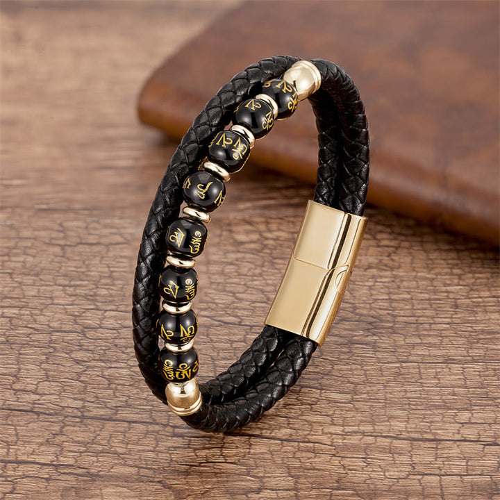 Pulsera de cuero con Buddha Stones, ónix negro, turquesa, ojo de tigre, ágata roja, Om Mani Padme Hum