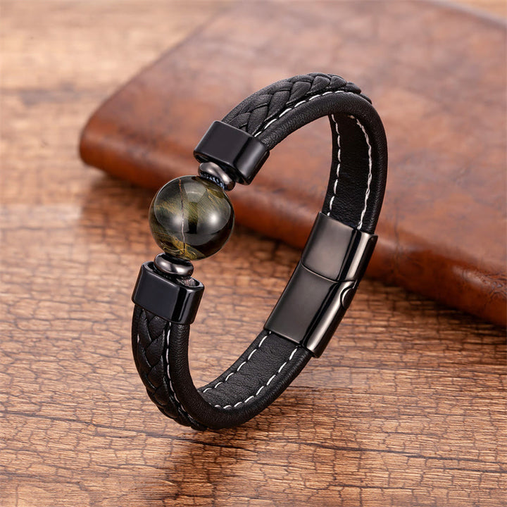 Pulsera de cuero con Buddha Stones, lazurita, ónix negro, ojo de tigre, roca de lava y Om Mani Padme Hum Serenity