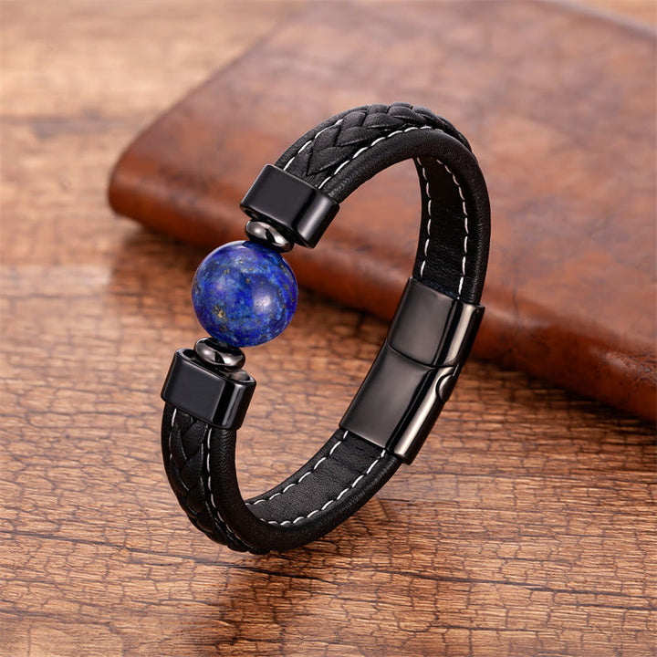 Pulsera de cuero con Buddha Stones , lazurita, lapislázuli, ónix negro, ojo de tigre, roca de lava, Om Mani Padme Hum, serenidad - Lazurita - 18-22 cm - image 0