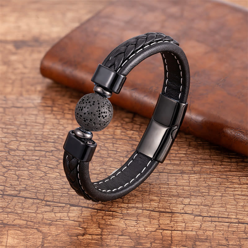 Pulsera de cuero con Buddha Stones , lazurita, lapislázuli, ónix negro, ojo de tigre, roca de lava, Om Mani Padme Hum, serenidad - Roca de lava - 18-22 cm - image 7