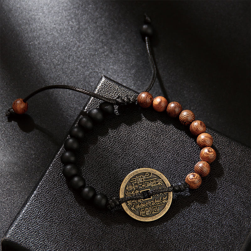 Pulsera de la paz con monedas de cobre, Bagua, Buddha Stones , madera de ébano, madera de wengué, fantasmas de las montañas, dinero gastado