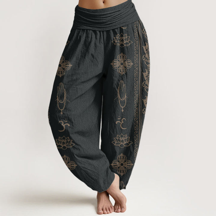Pantalones harén con cintura elástica para mujer, diseño de Buddha Stones, flores de loto, doble dorje, Vajra, Namaste y Om - Negro - US22，UK/AU26，EU54 (6XL) - image 1