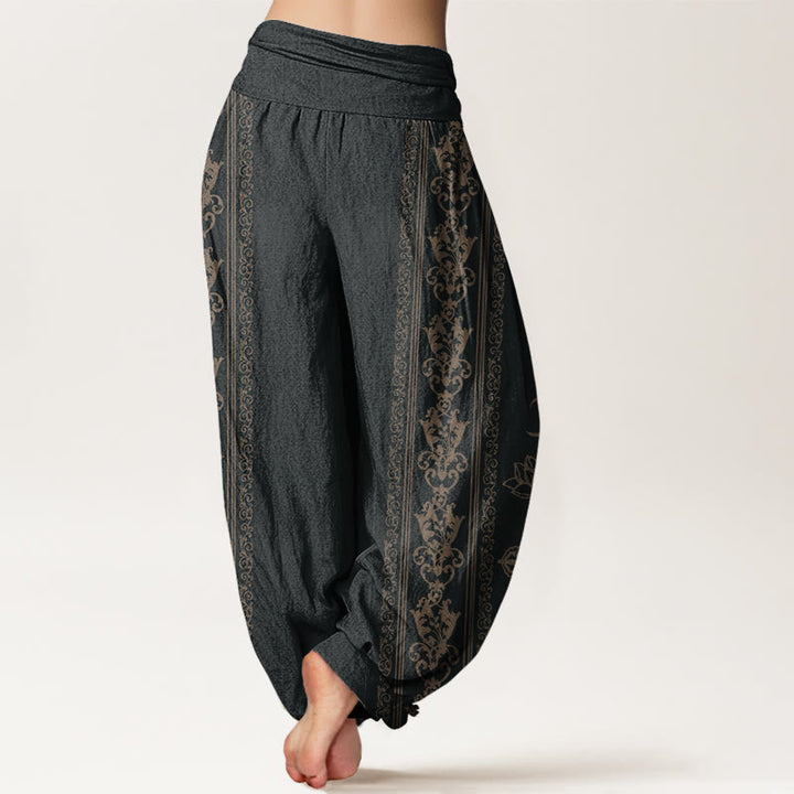 Pantalones bombachos de cintura elástica para mujer con diseño de flores de loto de algodón con Buddha Stones, doble dorje vajra namaste om. - image 1