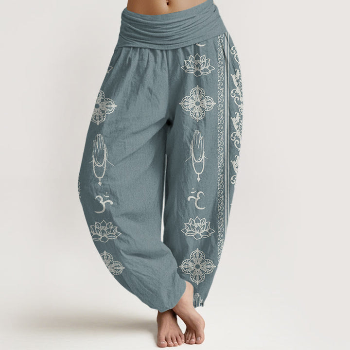 Pantalones harén con cintura elástica para mujer, diseño de Buddha Stones, flores de loto, doble dorje, Vajra, Namaste y Om - Cadete Azul - US22，UK/AU26，EU54 (6XL) - image 5