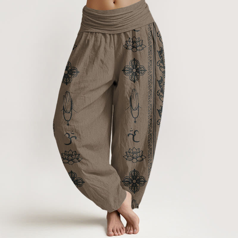 Pantalones harén con cintura elástica para mujer, diseño de Buddha Stones, flores de loto, doble dorje, Vajra, Namaste y Om - Caqui oscuro - US22，UK/AU26，EU54 (6XL) - image 8