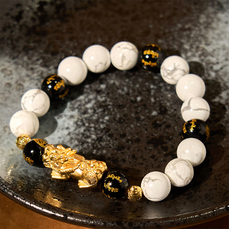 Pulsera de bendición con cuentas de Pixiu de ónix negro y turquesa blanca vintage con Buddha Stones