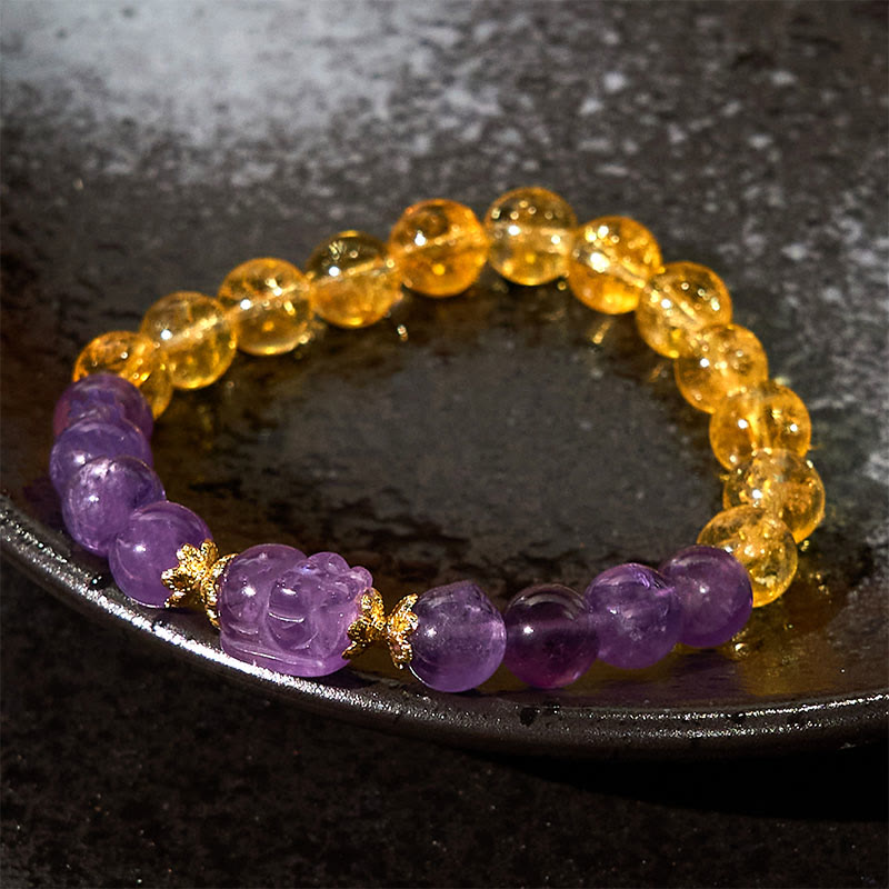 Pulsera de prosperidad de Pixiu con citrino y amatista y Buddha Stones