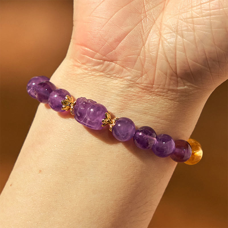 Pulsera de prosperidad de Pixiu con citrino y amatista y Buddha Stones