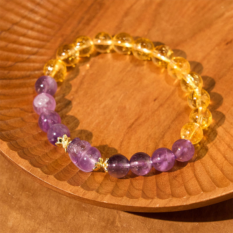 Pulsera de prosperidad de Pixiu con citrino y amatista y Buddha Stones