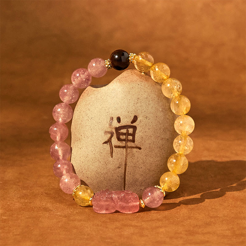 Pulsera curativa con cuentas de cuarzo rutilado de Pixiu y cuarzo fresa y Buddha Stones