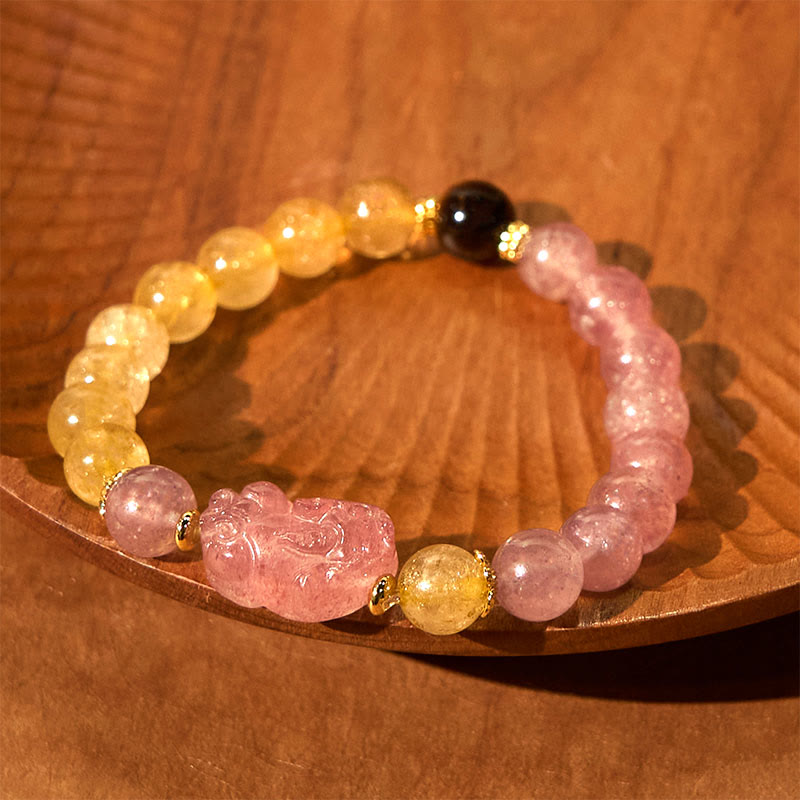 Pulsera curativa con cuentas de cuarzo rutilado de Pixiu y cuarzo fresa y Buddha Stones