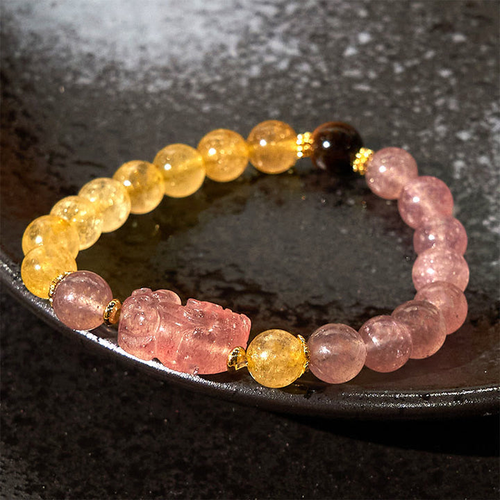 Pulsera curativa con cuentas de cuarzo rutilado de Pixiu y cuarzo fresa y Buddha Stones