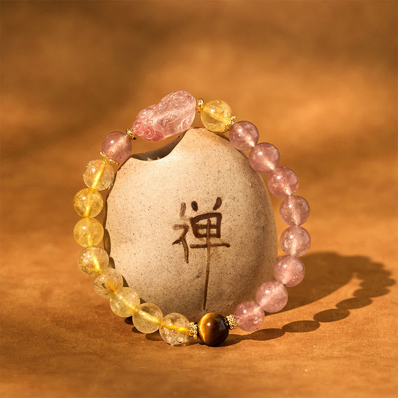 Pulsera curativa con cuentas de cuarzo rutilado de Pixiu y cuarzo fresa y Buddha Stones