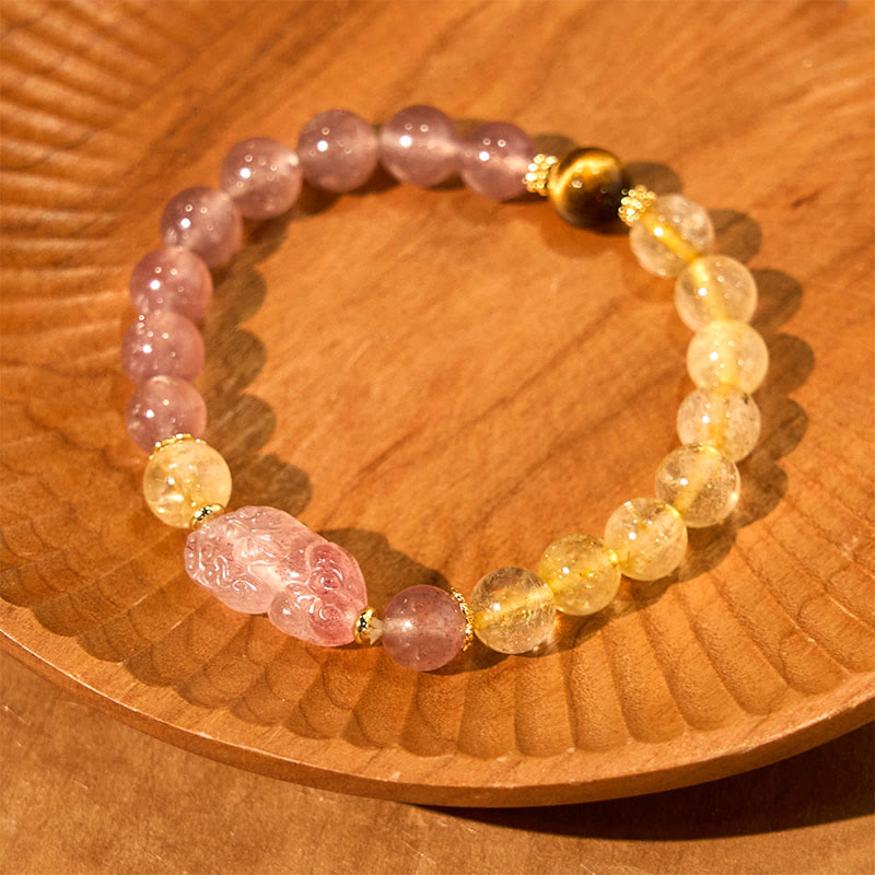 Pulsera curativa con cuentas de cuarzo rutilado de Pixiu y cuarzo fresa y Buddha Stones