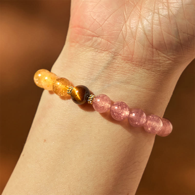 Pulsera curativa con cuentas de cuarzo rutilado de Pixiu y cuarzo fresa y Buddha Stones