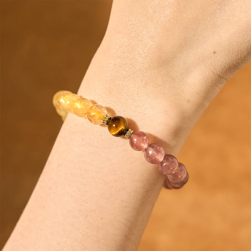 Pulsera curativa con cuentas de cuarzo rutilado de Pixiu y cuarzo fresa y Buddha Stones