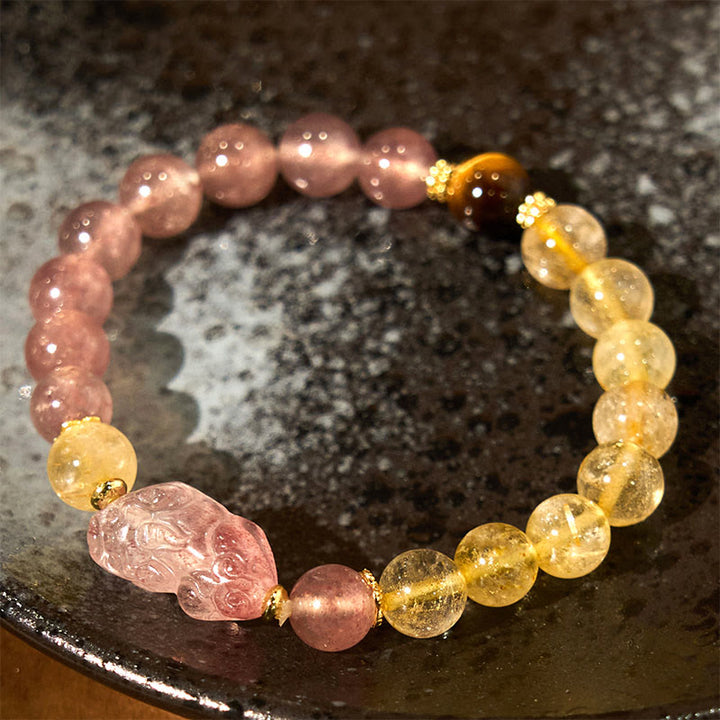 Pulsera curativa con cuentas de cuarzo rutilado de Pixiu y cuarzo fresa y Buddha Stones
