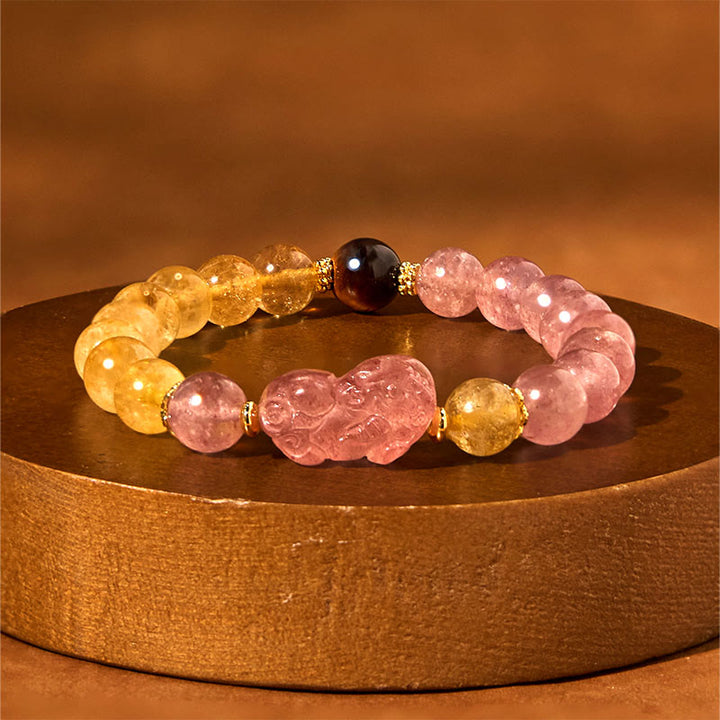 Pulsera curativa con cuentas de cuarzo rutilado de Pixiu y cuarzo fresa y Buddha Stones