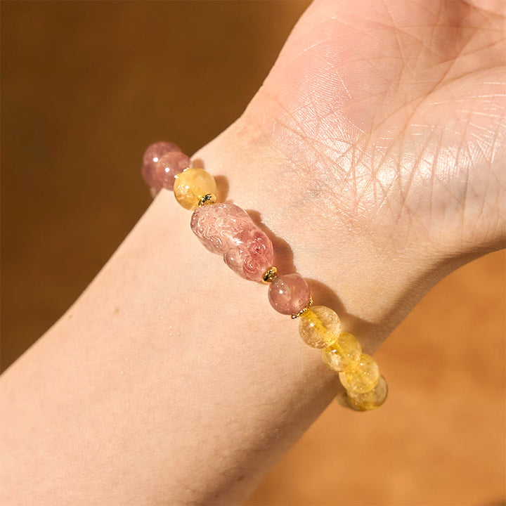 Pulsera curativa con cuentas de cuarzo rutilado de Pixiu y cuarzo fresa y Buddha Stones